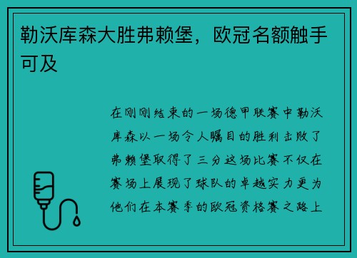 勒沃库森大胜弗赖堡，欧冠名额触手可及