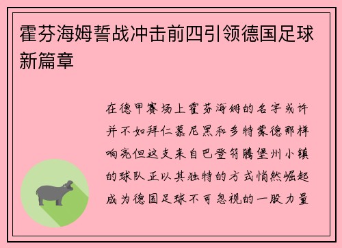 霍芬海姆誓战冲击前四引领德国足球新篇章